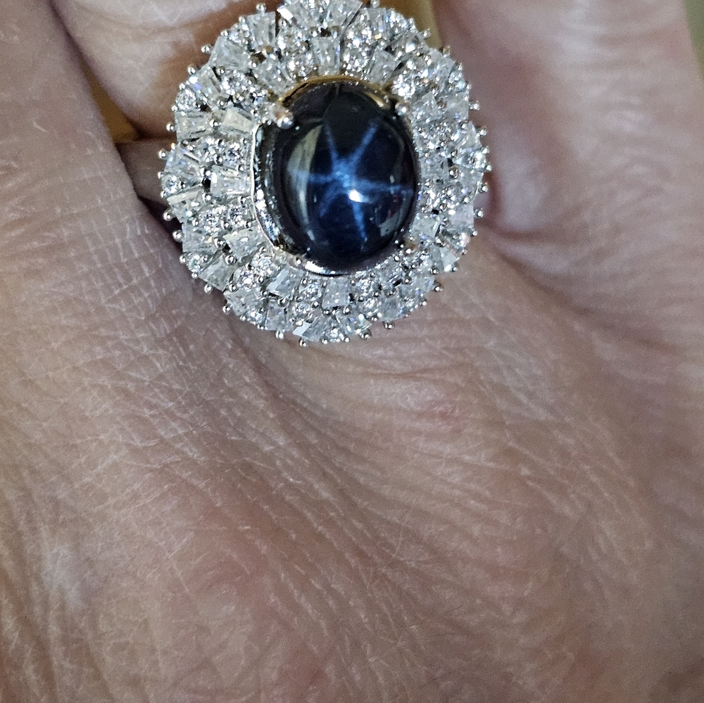 Genuine Blue Star Sapphire & Moissanite Ring Platinum Over Sterling Silver Sz 7! - Picture 5 of 11